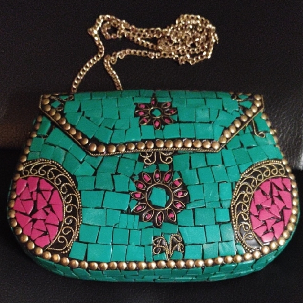 Mosaic Green and Pink Clutch Bag